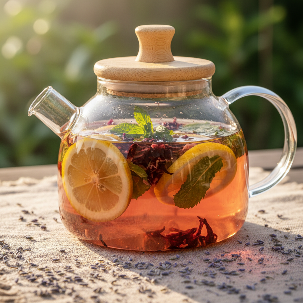 A clear glass teapot with a hand-turned wooden lid, filled with a vibrant herbal infusion—floating slices of lemon, sprigs of mint, and hibiscus petals swirl inside. The teapot sits atop a simple linen cloth adorned with scattered dried lavender buds. Soft afternoon sunlight streams in onto the tabletop, casting delicate, warm highlights on the curved surfaces and illuminating the tea’s jewel-toned colors. The background is tastefully blurred, with hints of leafy plants for a fresh, outdoor tea garden feel. The composition is centered, taken at a slightly low angle to emphasize the lush ingredients and rounded teapot design. The mood is soothing, wholesome, and just a touch playful, in line with the site’s calming yet upbeat aesthetic.