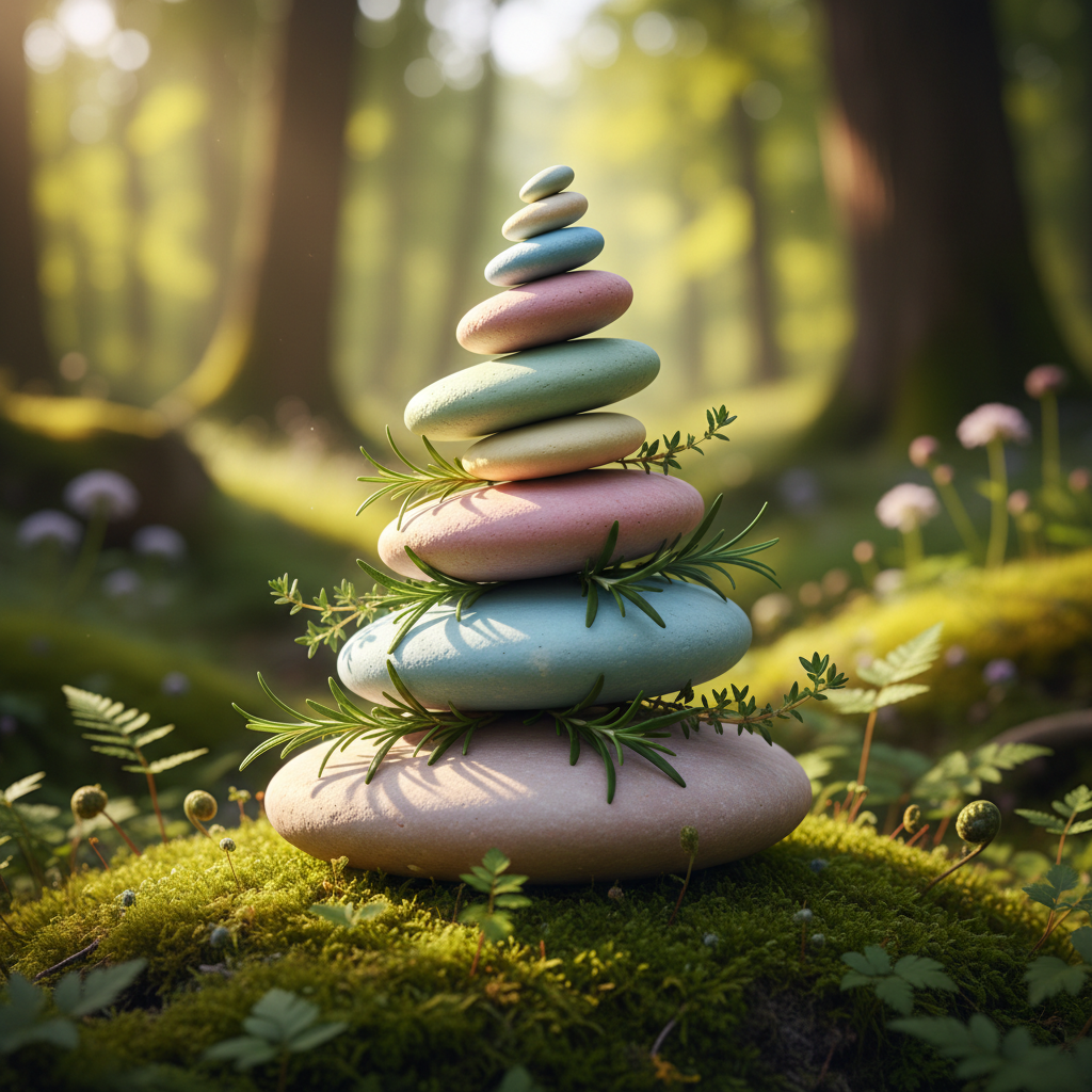 A delicately balanced stack of rounded river stones of varying sizes and pastel hues, nestled atop a bed of moss and small ferns. The stones are artfully arranged in a gentle spiral, interwoven with sprigs of rosemary and thyme. The environment is a sun-dappled forest clearing, with filtered, golden sunlight creating radiant highlights and soft shadows among the greenery. The overall scene is peaceful yet playful, evoking wonder and connectedness to nature. Shot at eye-level with a shallow depth of field, emphasizing the soft textures and rounded forms. The mood is calm, restorative, and grounded, with an energetic twist provided by the whimsical composition and bright color palette. The photographic style is crisp and inviting.