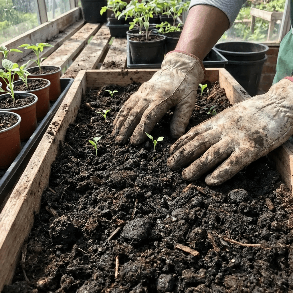 Gloved hands planting small green seedlings into dark soil inside a wooden planter.