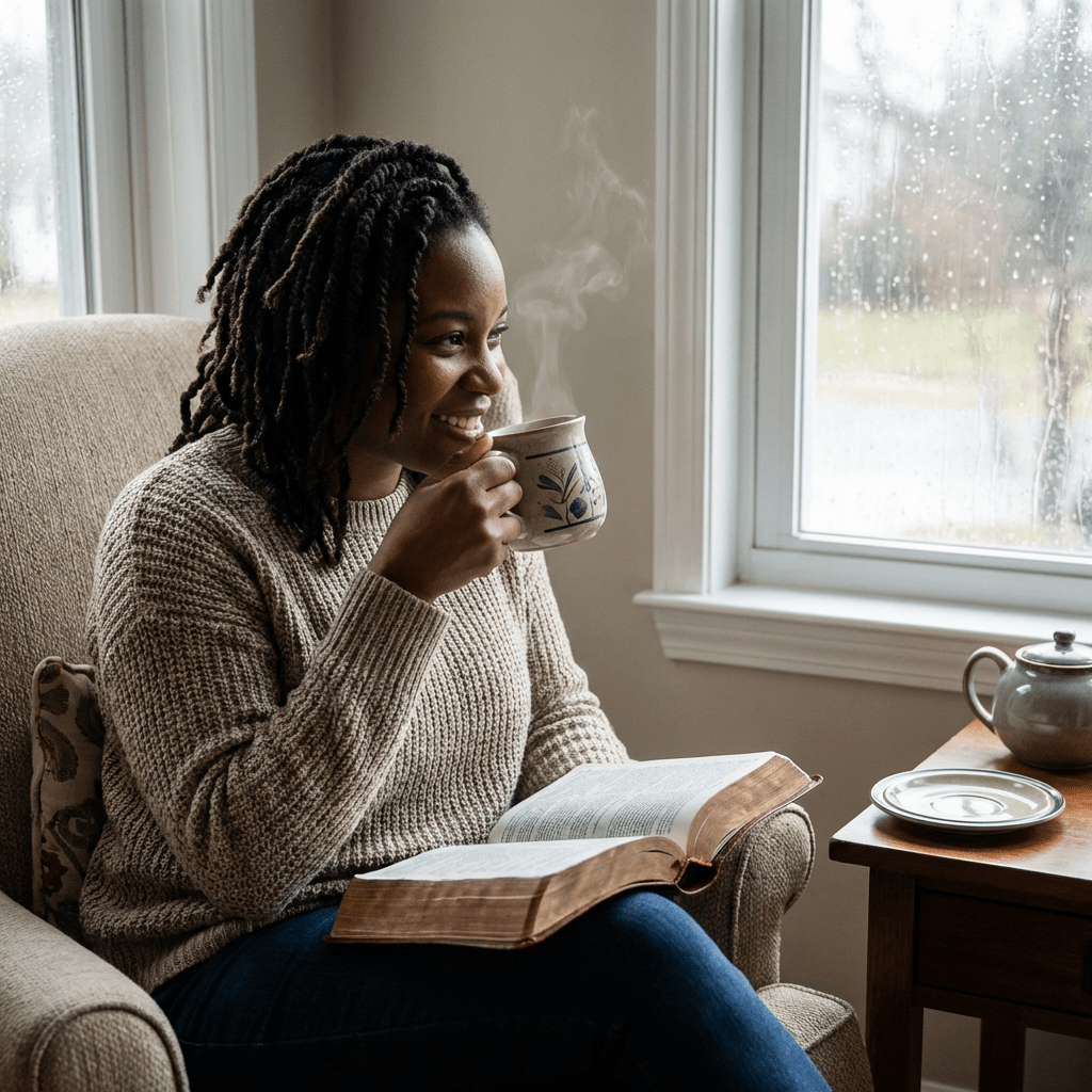 A woman holding a steaming mug and looking out a window with a book.