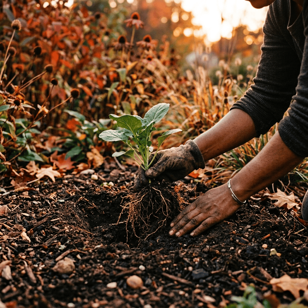 Gardener planting a young leafy seedling in dark garden soil